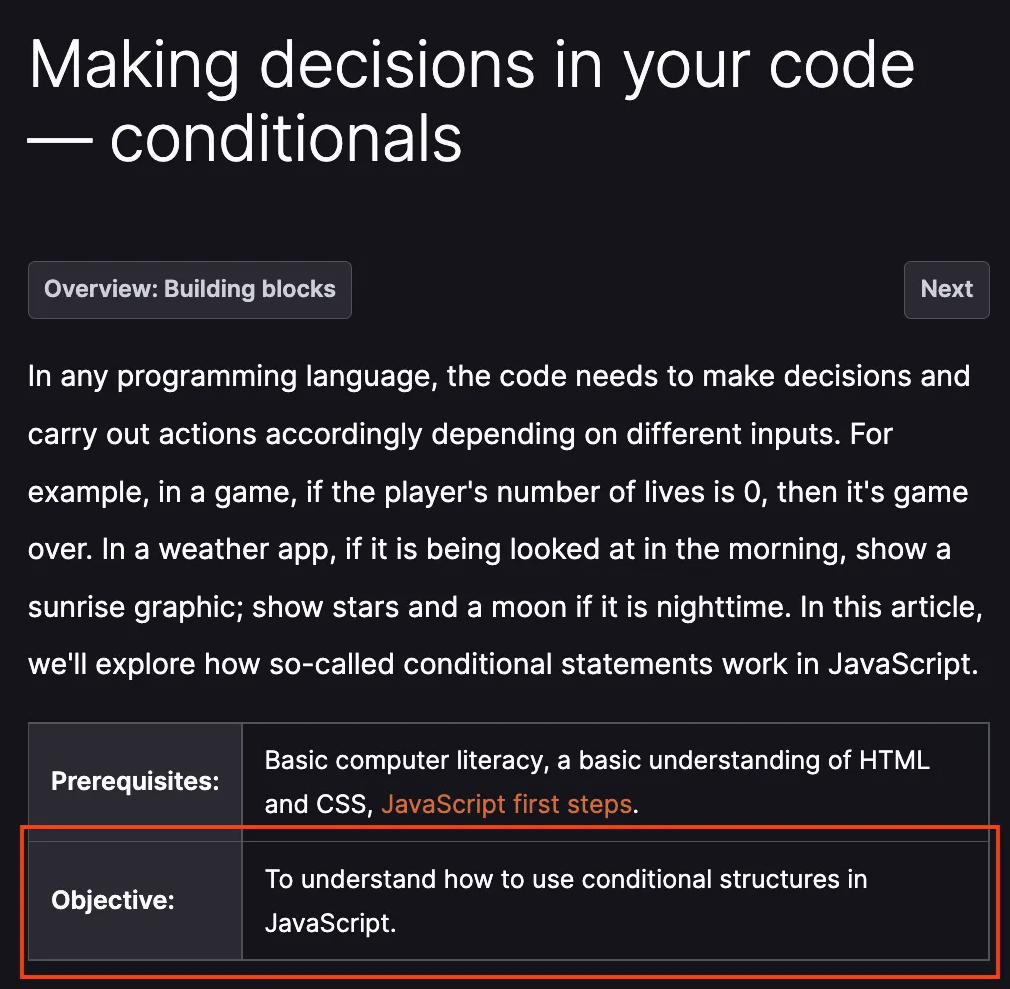 Example of a learning objective on the MDN website
